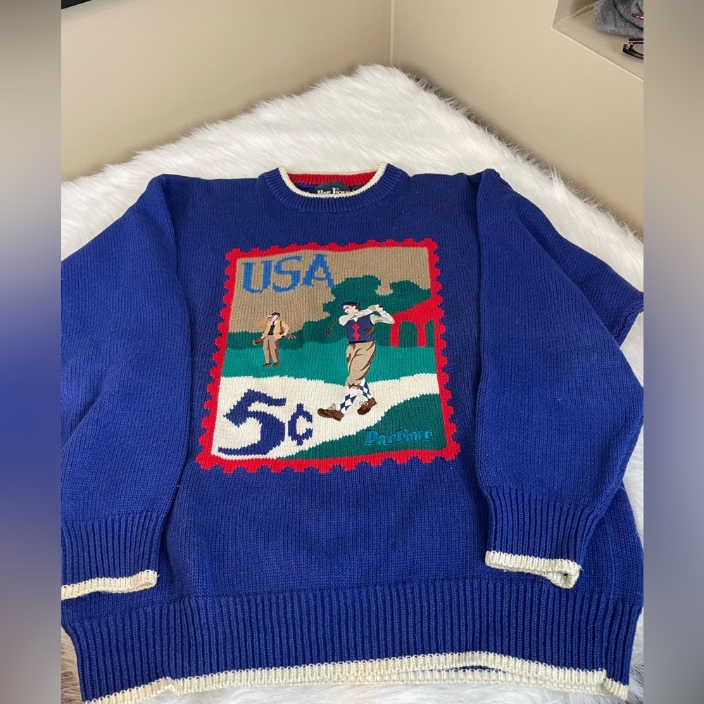 Vintage Par Four Ramie and Cotton Blue USA golf Graphic Sweater Large